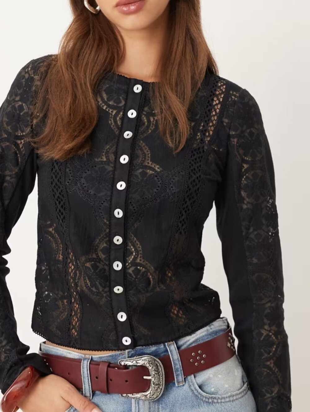 Free People Black Lace Long Sleeves Top. Blouse. Top